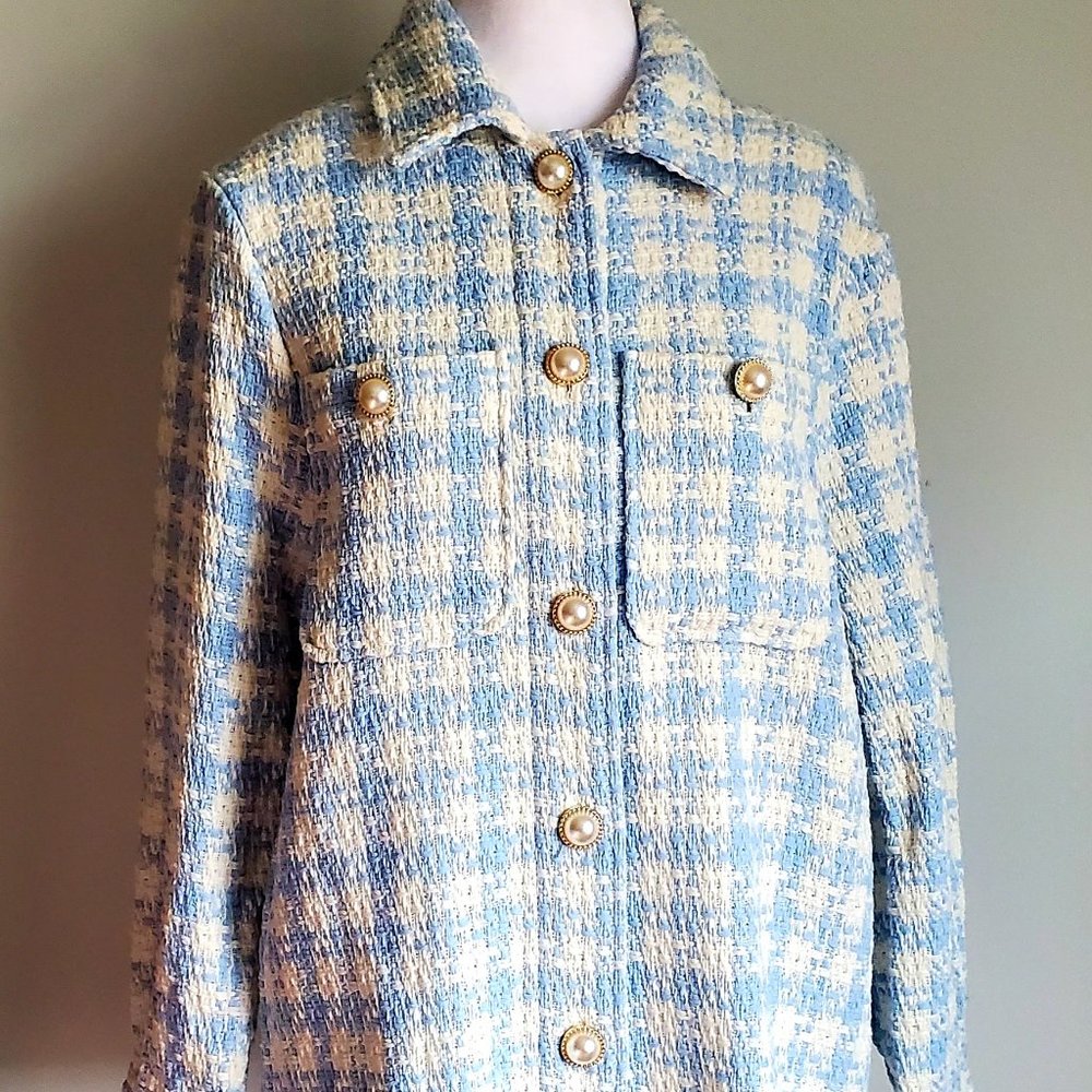 Women's Tweed Shacket Blazer Houndstooth Blue & White Classic Pearl Buttons